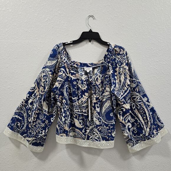 Nicole Miller Blouse Boho Womens OverSize S Paisley Linen Lace Trim Flare Sleeve - Picture 1 of 12